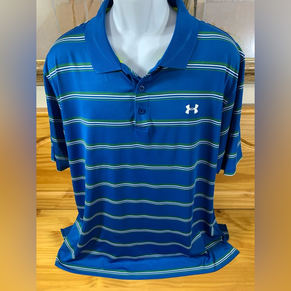 Under Armour Catalyst Heat Gear Loose Fit Golf Polo 2XL Blue w Green/wht stripes
